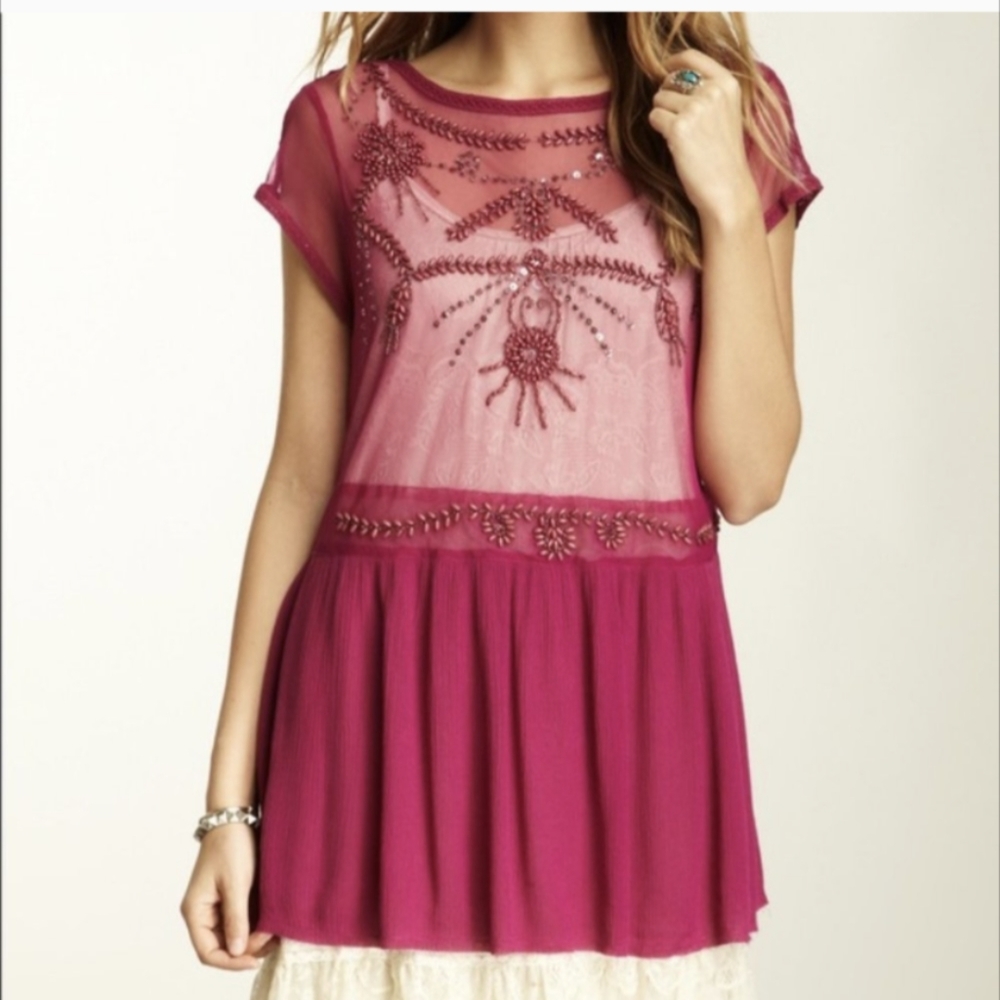 Free People Womens Boho Folklore Mesh Embellished Top tunic dress